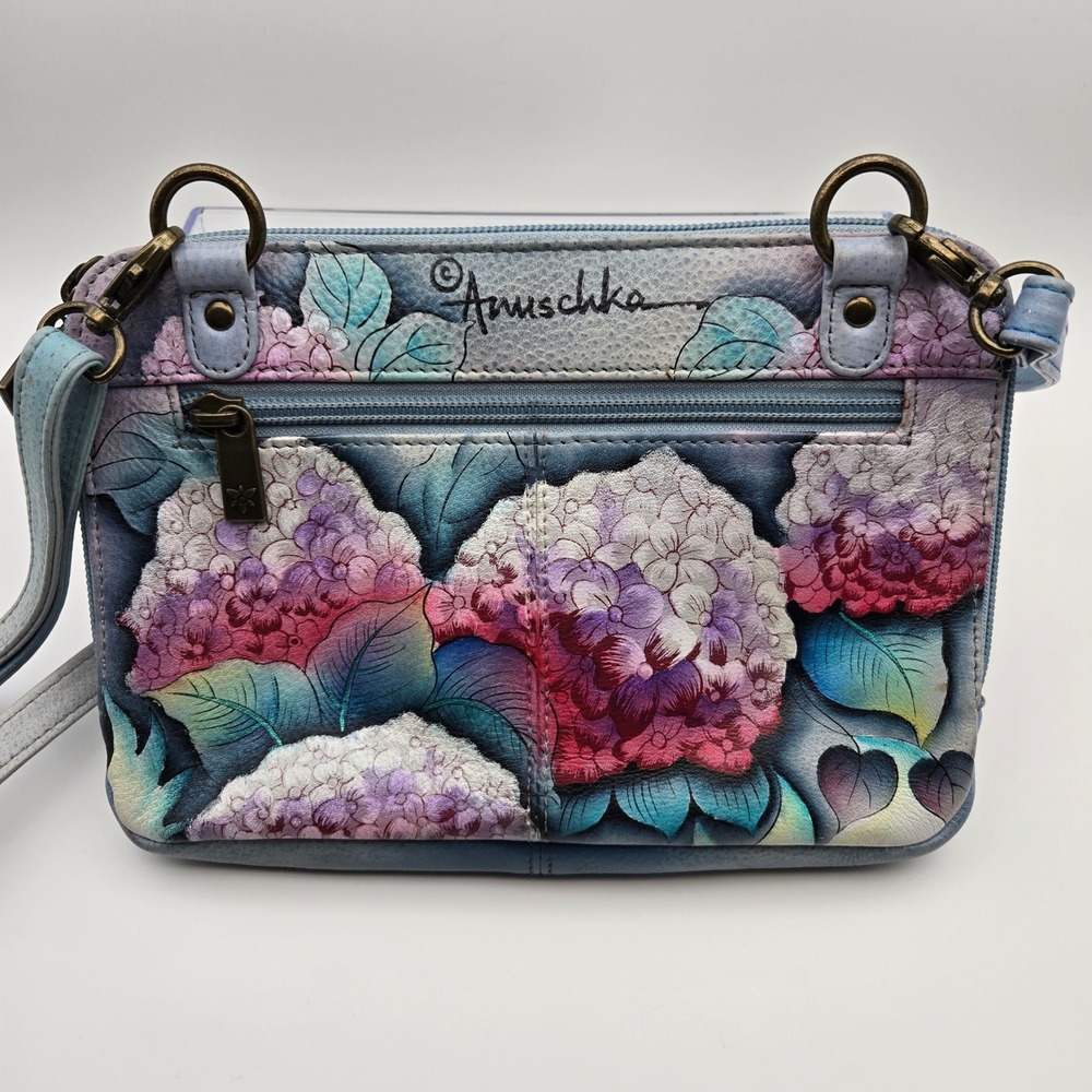 Anuschka Hand Painted Leather Crossbody Bag Clutch Hypnotic Hydrangea Floral